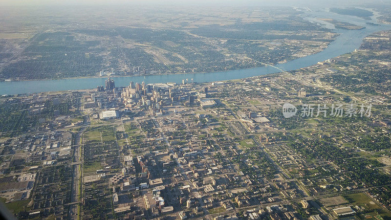 Aerial Windsor, Detroit Cityscape, Detroit River Seperating US and Canada